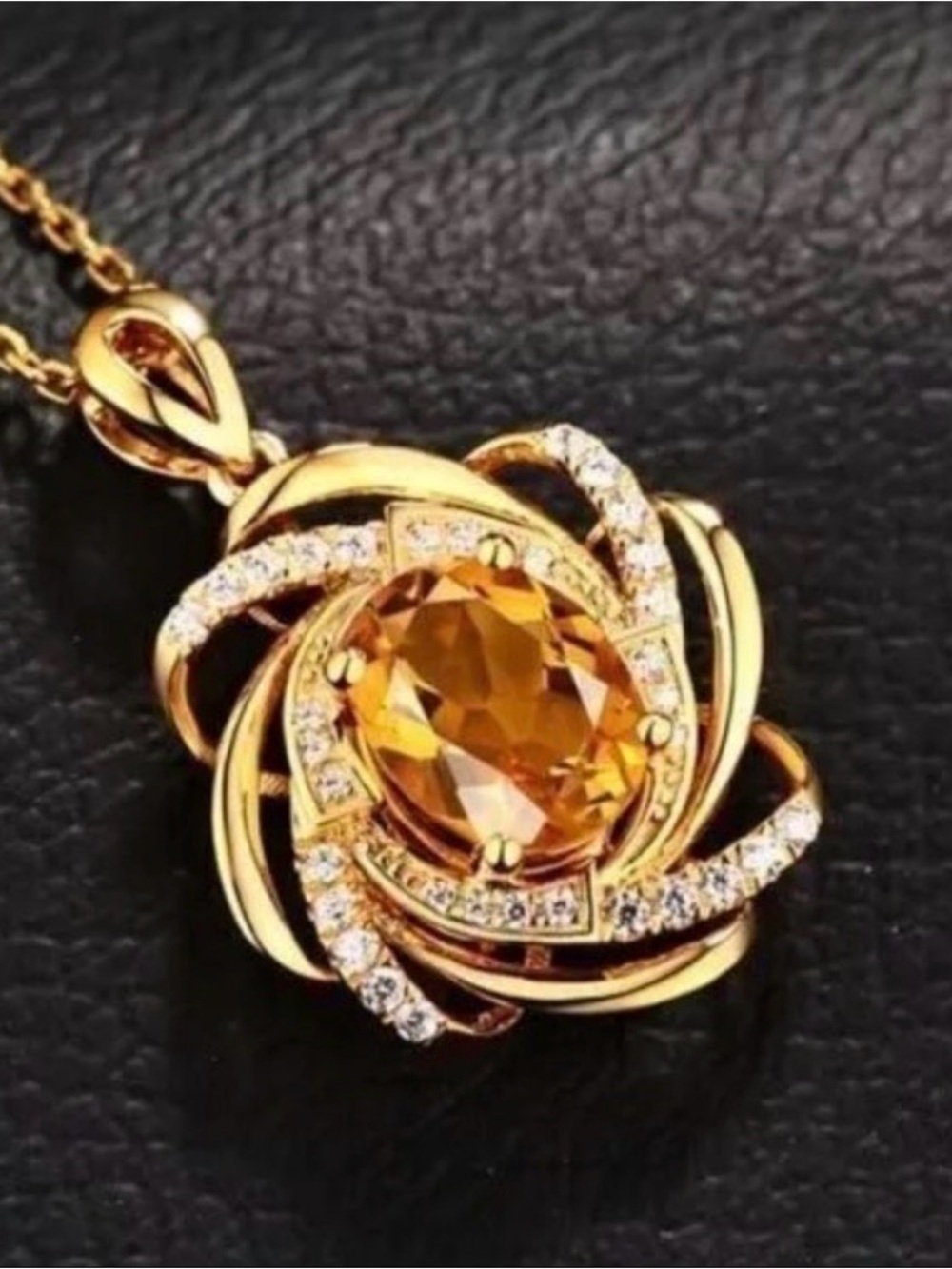 18K Gold 3CT Yellow Citrine Halo Diamond Pendant Necklace